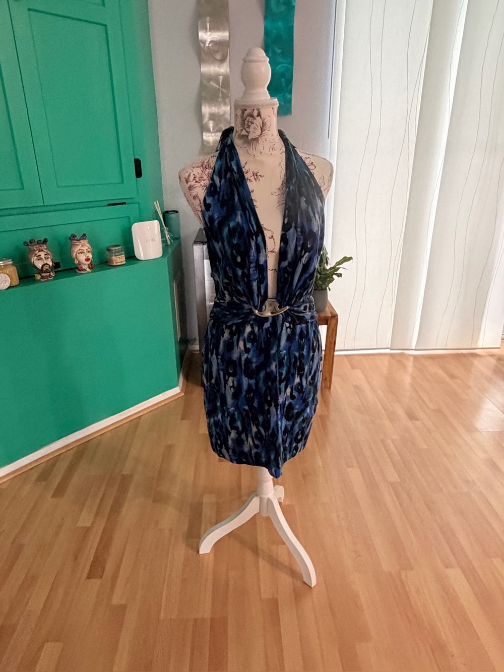 bebe Teal and Navy Backless Halter Dress